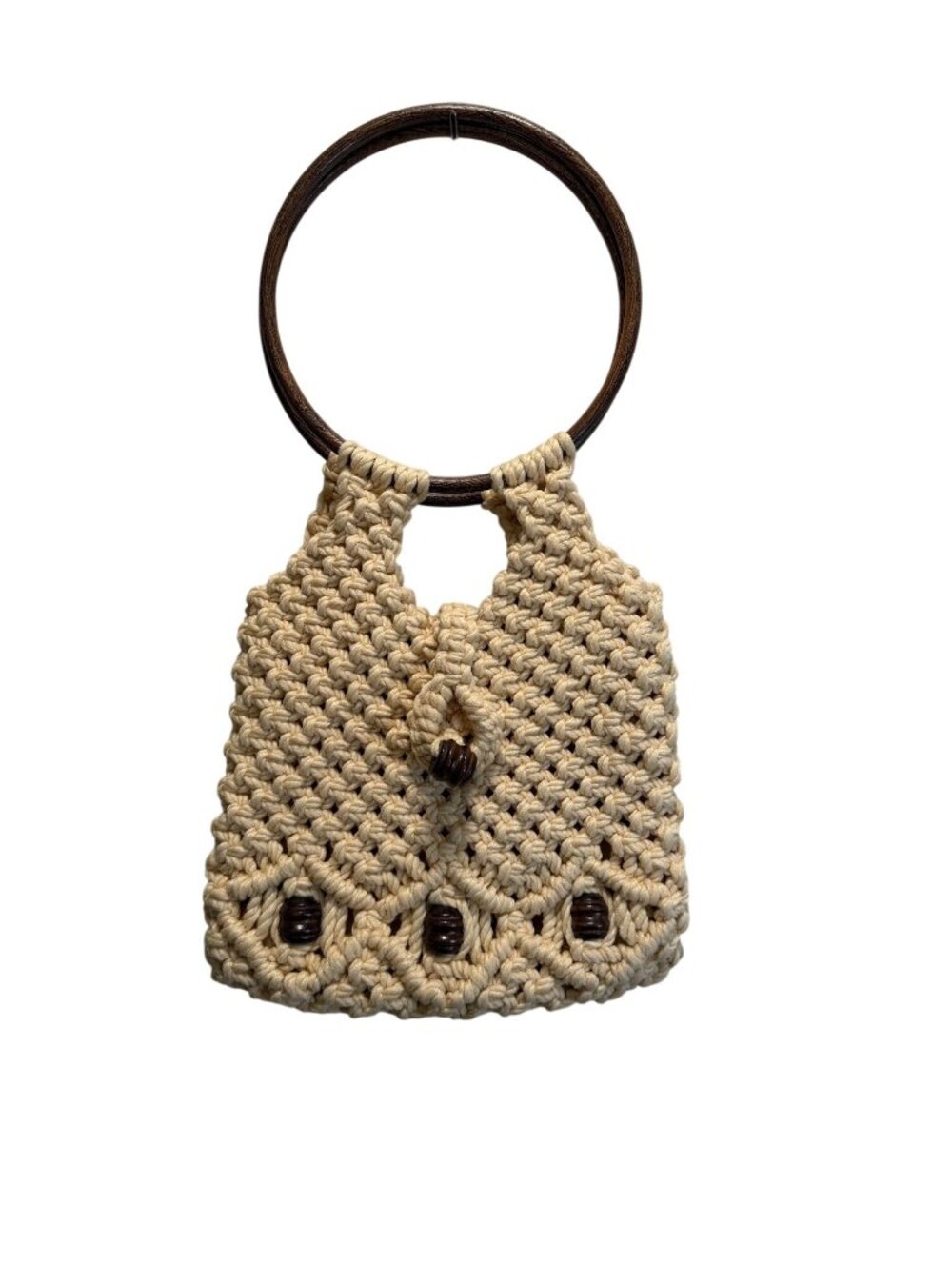 Handmade Macrame Purse With Wooden Beads & Circular Handle - Beige Cotton Lined
